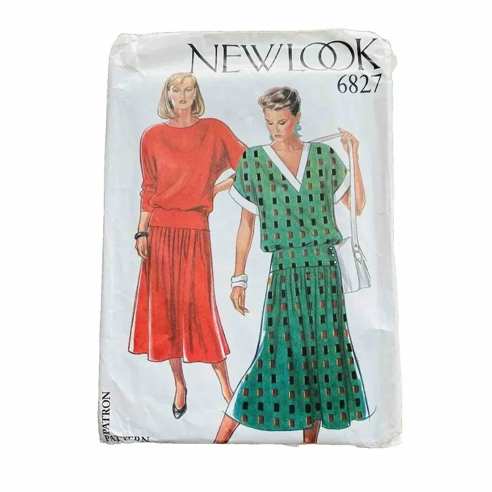 New Look Sewing Pattern #6827 Blouson Dress Neckline Option 80's UNCUT Sz 8 - 18